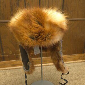 Natural Red Fox Fur and Dark Brown Lamb Leather Trooper Hat